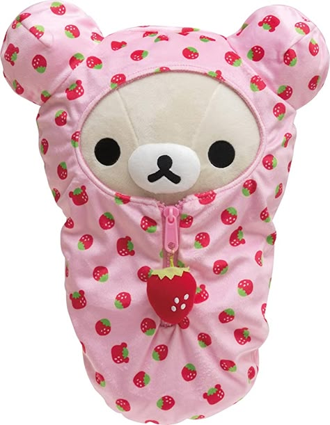 Korilakkuma Strawberry, Pink Sleeping Bag, Rilakkuma Plushie, Rilakkuma Plush, Arte Do Kawaii, Rilakkuma Korilakkuma, Strawberry Pattern, Cute Core, Cute Plushies