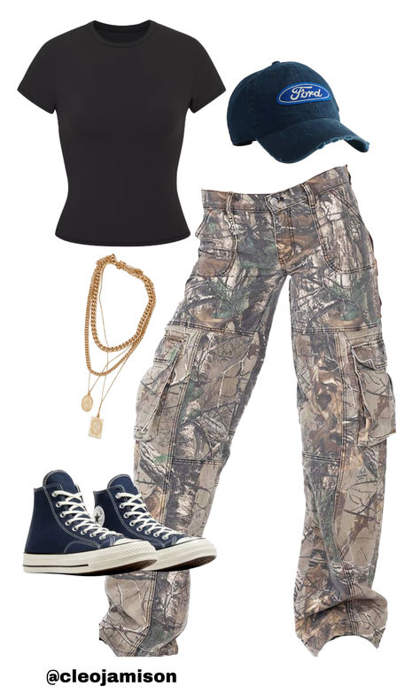 Trendy and cute outfit inspo! Visit site for the links:)  #outfit #outfitinspo #camo #skims #converse #truckerhat #goldnecklace #cargos #affiliate Real Tree Cargo Pants Outfit, Camo Streetwear Outfit, Camo Pants Outfit Aesthetic, Camo Cargo Outfit, Camo Jeans Outfit, Camo Pants Women, Camo Cargo Pants Outfit, Camo Outfit, Camo Pants Outfit