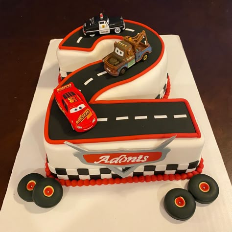 Number 2 Cars Theme Cake, Cars Cake 2nd Birthday, Car 2nd Birthday Party Cake, Cars 3 Cake Ideas, Disney Cars 2nd Birthday Cake, Disney Cars Birthday Cake Buttercream, Lightning Mcqueen And Mater Cake, Cars Second Birthday Cake, Cars The Movie Cake