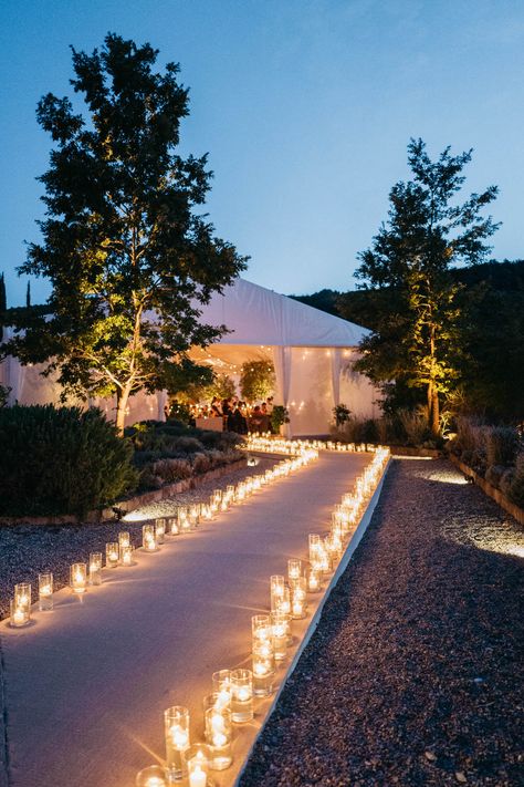 candles illuminate the walkway to their reception Candle Walkway, Wedding Walkway, Italian Destination Wedding, Outdoor Tent Wedding, Ancient Castle, Martha Weddings, Wedding Themed, Monthly Box, Single Candle