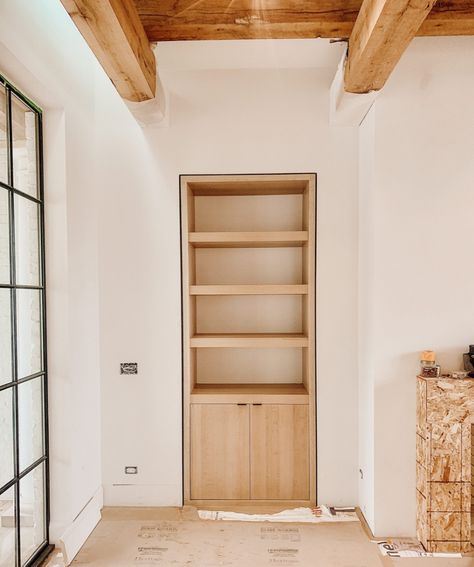 Built In Hallway Storage, Built In Shelving, Bookcase Ideas, Shelves Cabinet, Oak Bookshelves, Billy Ikea, Recessed Shelves, Living Room Built Ins, Addition Ideas