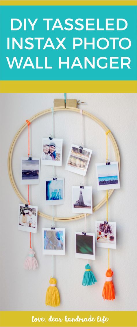 DIY tasseled Instax Wall Hanger from Dear Handmade Life - Easy way to display Instax instant photos Instax Photos Ideas, Instax Wall, Instax Diy, Instax Mini Ideas, Diy Photo Wall, Photo Frame Crafts, Photo Wall Hanging, Photo Frame Decoration, Diy Wall Decor For Bedroom