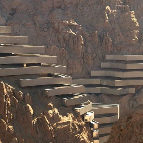 Neom's latest region Leyja will house a mirrored hotel by Shaun Killa, a rock-like hotel by Mario Cucinella and a cliffside hotel by Chris van Duijn. Cliffside Architecture, Sky Pool, Eco City, Wellness Hotel, Architecture Design Drawing, Zaha Hadid Architects, Modern Hotel, Future City, Minimalist Architecture