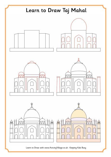 Learn to draw the Taj Mahal Taj Mahal Drawing, Taj Mahal Art, Tac Mahal, India Crafts, Notebook Pages, Taj Mahal India, The Taj Mahal, Mehndi Designs Book, Step Drawing