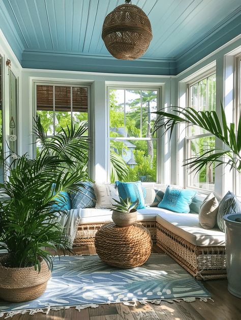 17 Airy Boho Sunroom Designs to Create Your Perfect Relaxation Spot Moroccan Sunroom Ideas, Tropical Screened Porch Ideas, Cozy Spots At Home, Simple Beach Living Room, Beach Sunroom Ideas, How To Style A Sunroom, Front Sunroom Ideas, Small Sunroom Ideas Modern, Narrow Sunroom Ideas Cozy