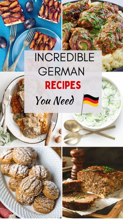 Assortment of delicious German dishes including plums, rouladen, schnitzel with gravy, cucumber salad, gingerbread cookies, and meatloaf. Simple German Recipes, Healthy German Food, German Main Dish Recipes, German Food Authentic Desserts, German Christmas Meal, German Meals Traditional, German Winter Food, German Food Recipes Authentic, German Recipes Traditional