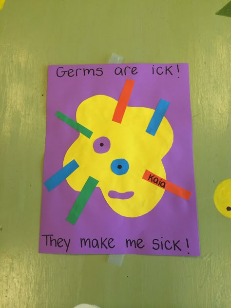 We made our own germs! The kids loved getting to be creative and make their germ however they wanted :) Health And Body Preschool Crafts, Germs Crafts For Preschool, Gross Motor Germ Activity, Healthy And Safety Preschool, Taking Care Of Myself Preschool Theme, Staying Safe Preschool Crafts, Safety Week Preschool Crafts, Prek Germs Activities, Germs Artwork Preschool