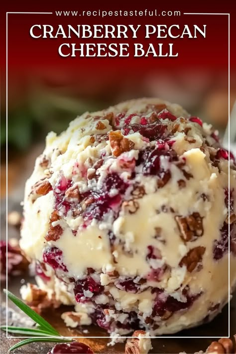 This Cranberry Pecan Cheese Ball is a festive appetizer that's perfect for holiday gatherings. Blending the sweetness of dried cranberries with the savory flavors of cream cheese, Parmesan, and pecans, it’s an easy and delicious treat to serve with crackers or bread. With just a touch of cinnamon, this cheese ball is a flavorful and elegant addition to any holiday table. Cream Cheese Dip With Cranberries, Easy Cranberry Cheese Ball, Maple Pecan Cheese Ball, Cheese Ball With Dried Cranberries, Cranberry Nut Cream Cheese Balls, Cheese Balls For Christmas Holidays, Caramel Apple Cheeseball, Savory Recipes With Cinnamon, Cranberry Pecan Cream Cheese Ball