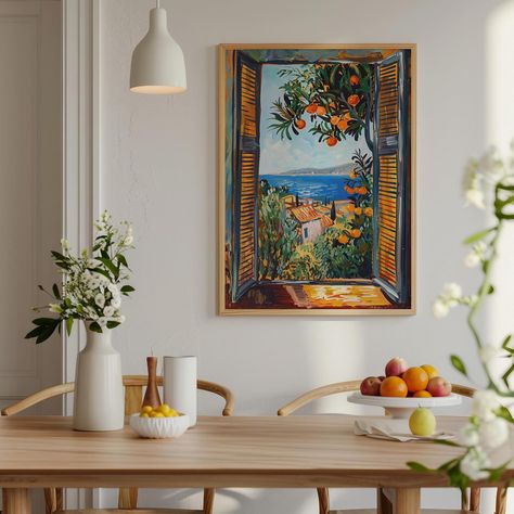 NEW in my Matisse Fauvism collection. More dreamy open window views. Transform your space with this best selling collection.🌿🌊 Discover our new posters featuring vibrant open windows to dreamy escapes (imagine opening your windows to these views 😫) These newbies ft. a lush jungle with a parrot and a serene Mediterranean coastal view complete with orange trees. 🍊🌞 #dreamyaesthetic #dreamydecor #fauvismart #matisseinspired #contemporarypainting #postercollection #artprints #dopaminedecor #prin... Art Ideas For Wall Decor, Painting Of A Window View, How To Choose Wall Art, Trendy Wall Art Living Room, Paintings Of Windows, Open Window Painting, Windows Decoration Ideas, Diy Art Paintings, Window View Painting