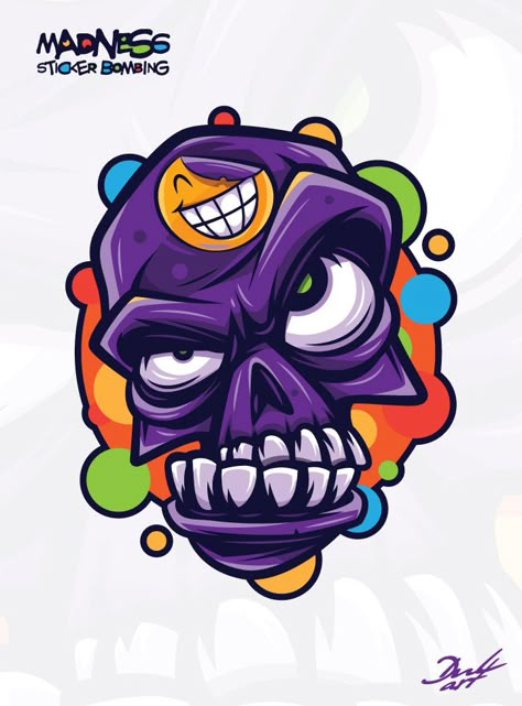 Madness sticker bombing, Yaroslav Slavinskiy on ArtStation at https://www.artstation.com/artwork/XBeVkL Skull Art Drawing, Sticker Bomb, Graffiti Characters, New School Tattoo, Graffiti Cartoons, Dope Cartoon Art, Face Stickers, Shirt Print Design, Big Art