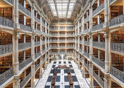 George Peabody Library, Maryland // who says you need to leave the country to find a stunning library? Fairytale Room, George Peabody Library, Magical Library, Peabody Library, Beautiful Library, Iron Balcony, College Library, Johns Hopkins University, Johns Hopkins