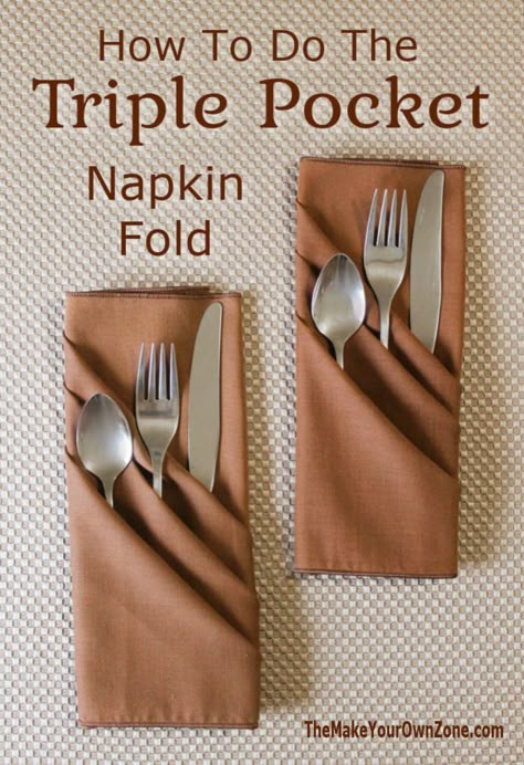 Triple Pocket Napkin Fold Easy Fancy Napkin Folding, Silverware Napkin Fold, Triple Pocket Napkin Fold, Thanksgiving Cloth Napkin Folds, Napkin Folding Ideas Cloth Step By Step, Fancy Napkin Folding Easy, Cloth Napkin Folding Ideas Diy Tutorial, Easy Napkin Fold, Holiday Napkin Folding Ideas