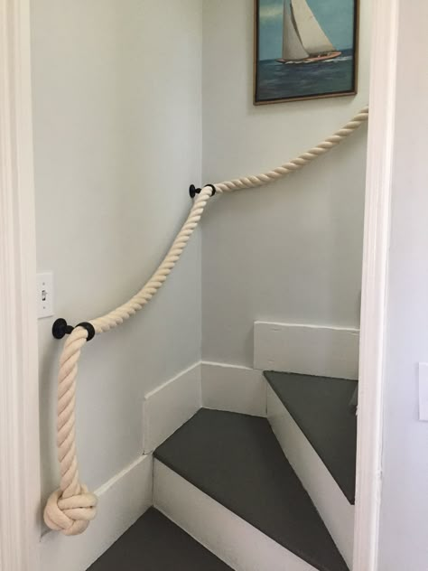 Stair Moulding, Back Staircase, Nautical Outdoor Decor, A-frame Interior, Sailing Decor, Loft Staircase, Garage Organisation, Deco Marine, Knot Rope