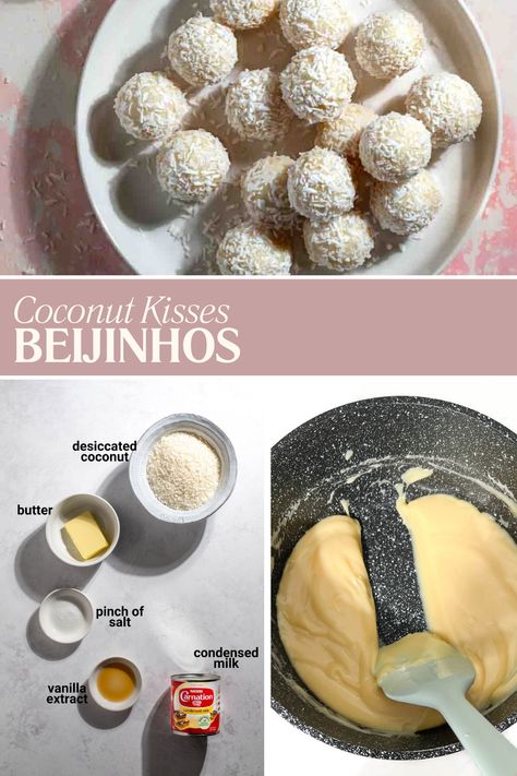 Beijinhos on a white plate. Coconut Brigadeiro Recipe, Brazilian Birthday Party Food, Brazilian Coconut Balls, Brazilian Brigadeiro Recipes, Brazilian Cookies, Brigadeiros Recipe, Brazilian Food Recipes, Brazilian Candy, Coconut Kisses