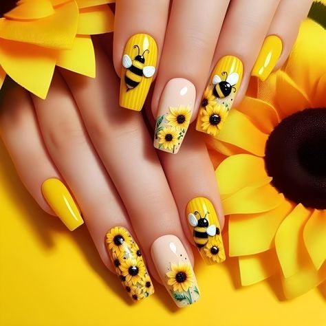 Yellow Nails With Design, Nail Shades, Bee Nails, Yellow Nail Art, Yellow Nails Design, Yellow Nail, Sunflower Nails, Easter Nail Designs, Art Concepts