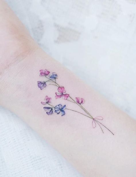 Flower Tattoos Meanings, Watercolor Flower Tattoos, Small Flower Tattoos For Women, Pea Tattoo, Sweet Pea Tattoo, Purple Flower Tattoos, Butterfly With Flowers Tattoo, Watercolor Rose Tattoos, Flower Tattoo Meanings