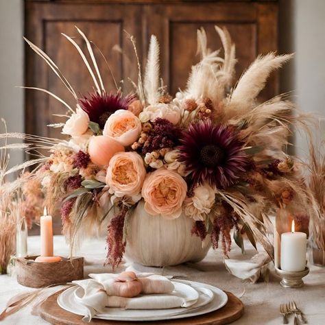 Nature Table Decorations, Thanksgiving Pumpkin Flower Arrangements, Neutral Fall Party Decor, White Fall Floral Arrangements, Fall Thanksgiving Centerpieces, Fall Bridal Shower Table Centerpieces, Simple Country Centerpieces, Large Boho Floral Arrangements, Boho Chic Bridal Shower Centerpieces