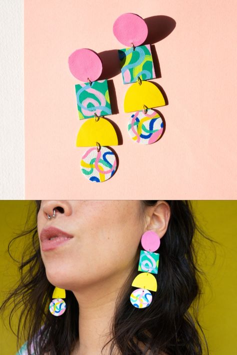 Colourful Squiggly Statement Earrings in Pink, Green + Yellow. Made by hand from repurposed leather Drying Clay Ideas, Air Drying Clay Ideas, Contemporary Handmade Jewelry, Air Drying Clay, Light As A Feather, Paper Jewelry, 90s Nostalgia, Jewellery Accessories, Fat Quarters