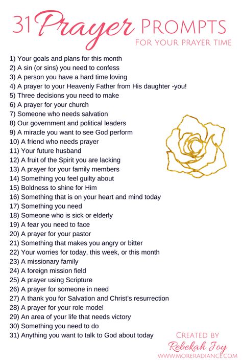 31 Prompts for Your Prayer Time + a Challenge - More Radiance Creative Prayer Ideas, Prayer Prompts, Prayer Ideas, Prayer Closet, Prayer Time, Prayer Times, Prayer Room, Prayer Scriptures, Faith Prayer