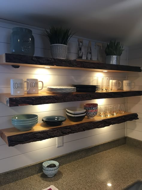 Live Edge Shelf Kitchen, Open Shelves Dishes, Live Edge Wood Home Decor, 2 Or 3 Floating Shelves, Kitchen Shelving Ideas Floating, Living Edge Shelves, Wood Beam Shelves Floating, Kitchen Shelf Styling Wall Shelves, Live Wood Shelves Kitchen