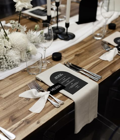 Monochrome Wedding Table Setting, Monochrome Table Setting, Monochrome Wedding Table Decor, Neutral And Black Wedding, Modern Wedding Table Settings, Wedding Table Settings Without Plates, Minimal Wedding Table Decor, Black Tie Dinner Party, Table Detail