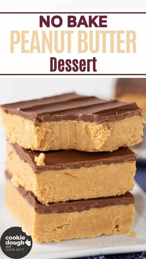 This No Bake Peanut Butter Dessert is a simple and nostalgic treat, made with layers of rich peanut butter and chocolate. Perfect for a quick dessert or snack, these no-bake bars are easy to make and loved by both kids and adults. It's a delicious combination of sweet and salty. Quick And Easy Peanut Butter Desserts, Six Sisters Peanut Butter Bars, Reeses Dessert Bars, Quick No Bake Desserts Easy, Quick To Make Desserts, No Bake Peanut Butter Bars Recipe, Reese Bars No Bake, Peanut Butter Marshmallow Fluff Bars, School Peanut Butter Squares