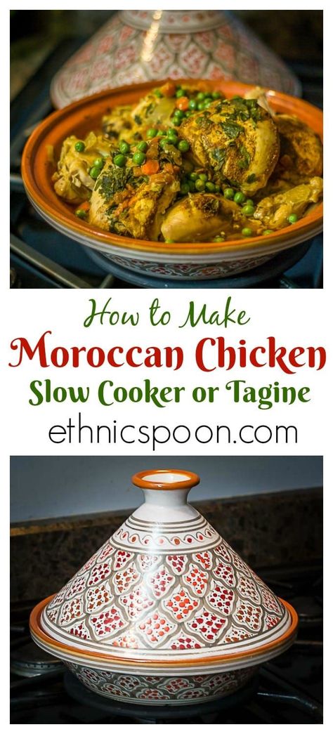 What is a tagine and how do you cook with one? Find out how to prepare a tagine dish with the recipe for Moroccan Chicken Tagine. You will love the wonderful Moroccan spices. | Ethnicspoon.com #chickentagine #africanfood #moroccanfood Moroccan Chicken Tagine, Moroccan Tagine Recipes, Arabisk Mad, Moroccan Recipe, Tagine Cooking, Moroccan Tagine, Chicken Food Recipes, Chicken Tagine, Moroccan Cooking