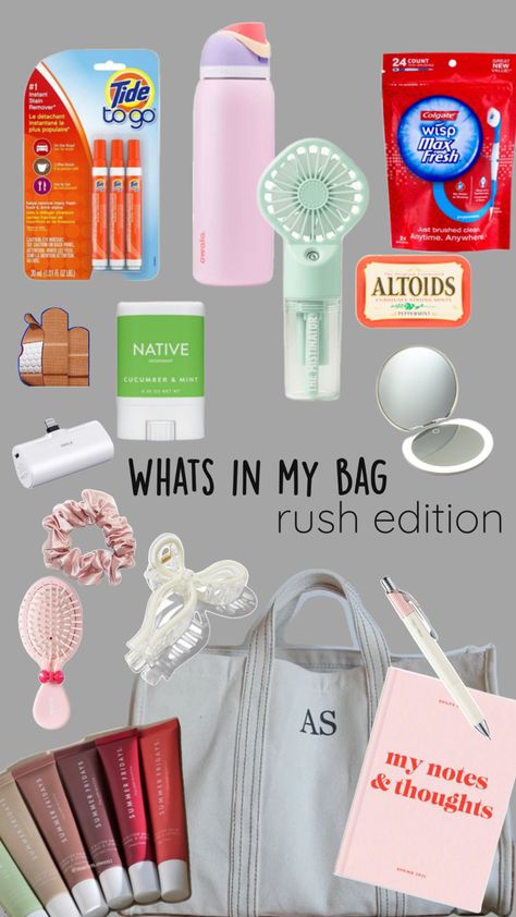 the all time rush essentials!!! you need these items in your bag. #sorority #sororityrush #rush #bama #utk #rushbag Rush Bag, Sorority Rush Week, Rush Week, Rush Outfits, Sorority Rush, Sorority Recruitment, What In My Bag, Bag Essentials, Greek Life