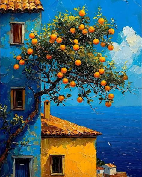 Mediterranean Paintings, Mediterranean Art, Pintura Exterior, Orange Painting, Landscape Art Painting, Art Painting Gallery, Sea Painting, Orange Tree, By The Ocean