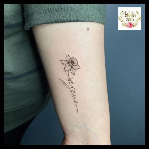 Daffodil Tattoo With Name In Stem, Paperwhite Narcissus Flower Tattoo, Small Daphodil Tattoo, Daphadil Tattoo, Daffodil Doodle, Minimalist Daffodil, Daffodil Outline, Tattoo Daffodil, Daffodils Tattoo