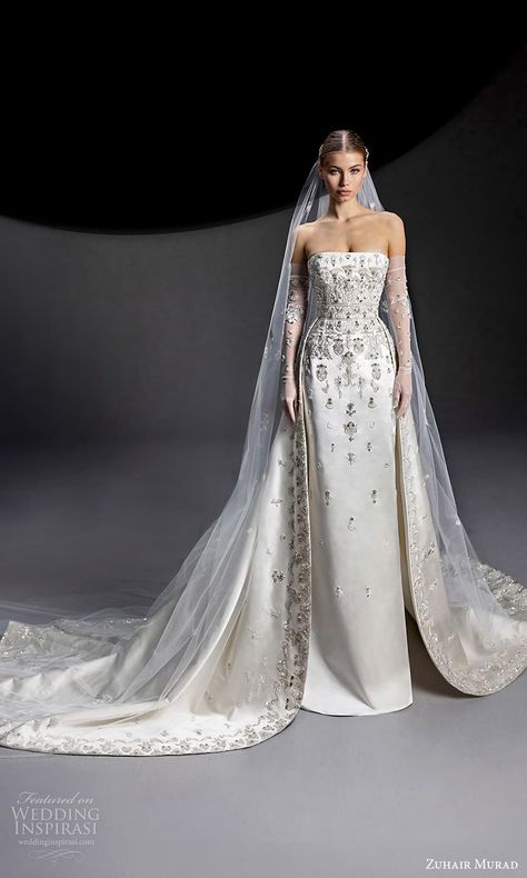 Weddinginspirasi.com featuring - zuhair murad fall 2024 bridal strapless straight across neckline embellished bodice column wedding dress a line overskirt chapel train (6) mv -- Zuhair Murad Fall 2024 Wedding Dresses #wedding #weddings #bridal #weddingdress #weddingdresses #bride #fashion #label:ZuhairMurad #season:Fall/Winter #week:462023 #year:2024 ~ Fall 2024 Wedding, Wedding Dresses Zuhair Murad, Zuhair Murad Bridal, Baju Kahwin, Column Wedding Dress, Classy Wedding Dress, Dress Couture, Wedding Ideas Dresses, Fancy Wedding Dresses