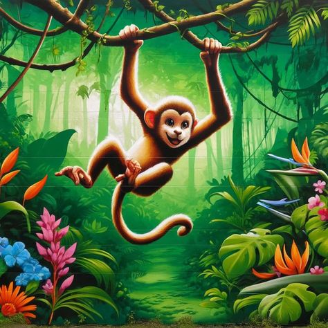 Mischievous Monkey Mural Canvas|Jungle Journeys|Nature's Pathways Green Getaways Wild Wanderlust|Jungle Journeys Nature's Pathways Adventure Awaits|Jungle Journeys Forest Explorations Eco Escapes|Jungle Journeys Wilderness Wonders|Jungle Journeys Monkey Mural, Jungle Pictures, Illustrated Animals, Paint Mural, Monkey Hanging, Jungle Landscape, Jungle Painting, Jungle Monkey, Lush Jungle