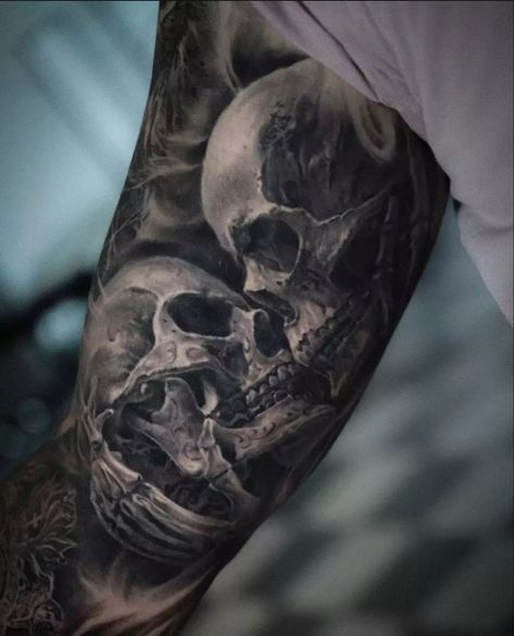 Skull Bicep Tattoo, Skull Tattoo Design For Men, Skull Tattoo Arm, Skull Tattoo For Men, Arm Filler Tattoo Ideas, Nature Tattoos For Men, Realism Skull Tattoo, Skull Tattoo Sleeve, Relentless Betrayal