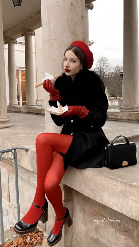 Vintage Pinup Outfits, Red Tights Outfit Aesthetic, Maritza Core, Outfits With Red Tights, Red Tights Aesthetic, Love Core Aesthetic Outfits, Pop Of Red Outfit, Red Beret Outfit, Red Stockings Outfit