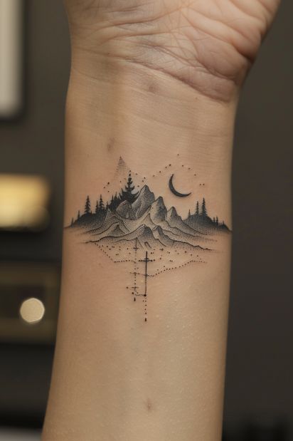 mountain tattoo design ideas 1 Triangle Tattoo With Mountains, Micro Tattoo Mountain, Amazing Small Tattoos, Mountains Compass Tattoo, Mountains Trees Water Tattoo, Mount Sinai Tattoo, Nomadic Tattoo Ideas, Black And Grey Mountain Tattoo, Simple Mountain Tattoo Men