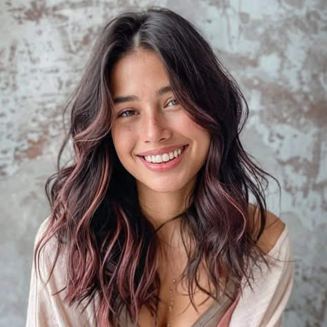 Dark Brown Hair Rose Gold Highlights, Black Hair Rose Gold Highlights, Dark Brown With Rose Gold Highlights, Rose Brown Balayage Brunettes, Two Color Highlights On Dark Hair, Pink In Hair Brunette, Dark Brown Rose Gold Hair, Dark Brown Rose Gold Balayage, Rose Gold Dark Hair