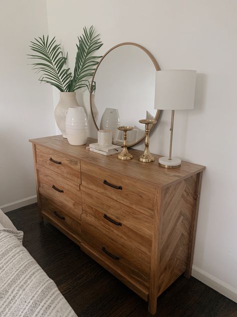 Modern Boho Bedroom Dressers, Trendy Bedroom Dressers, Bedroom Wood Dresser, Apartment Dresser Ideas, Master Bed Dresser Decor, Bohemian Bedroom Dresser, Bedroom Ideas With Dressers, Neutral And Earthy Bedroom, Boho Dresser Decor Bedroom