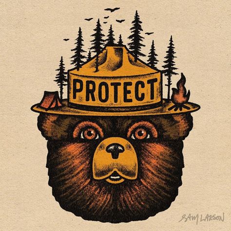 Sam Larson, Smokey The Bear, Bear Artwork, Gfx Design, Smokey Bear, Traditional Tattoo Sleeve, Protect Nature, Smokey The Bears, Kind People