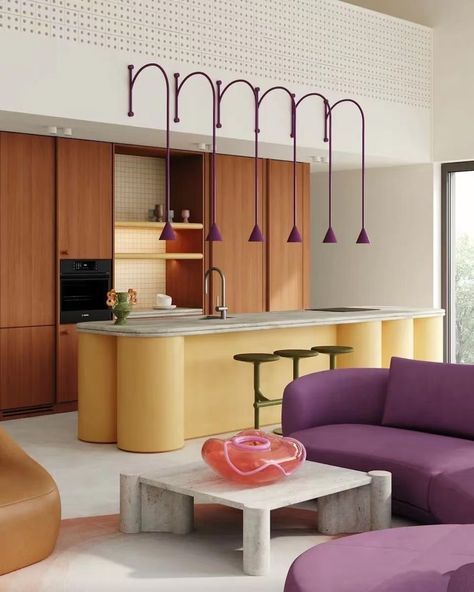 Purple Furniture, Yellow Interior, Colorful Home, Mid Century Modern Furniture, Modern Apartment, Cafe Interior, Unique Spaces, Interior Inspo, Do You Feel