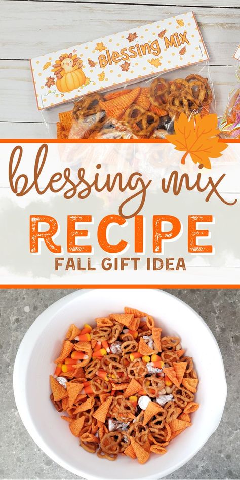 Blessing mix recipe for Thanksgiving or Friendsgiving favors Friendsgiving Treat Bags, Fall Themed Goodie Bags For Adults, Thanksgiving Mix For Kids, Thanksgiving Favors For Guests Cricut, Cute Thanksgiving Treats For Coworkers, Party Mix For Thanksgiving, Fall Snacks For The Office, Blessings Mix Recipe, Thanksgiving Goody Bags For Adults