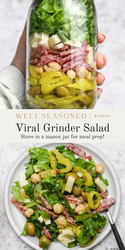 Let's make the Viral TikTok Grinder Salad with salami, provolone, and your favorite Italian antipasti. We're assembling the whole thing in a mason jar, which makes it a dream for meal prep! The key to success is in layering the salad ingredients in a way that keeps the lettuce crisp right up until you serve. Dressed with our homemade basil vinaigrette, this easy lunch salad recipe will quickly become one of your favorites. GF #wellseasonedstudio #grindersalad #masonjarsalad #antipastasalad Salad Salami, Tiktok Grinder, Taco Salad Recipe Healthy, Italian Grinder, Grinder Salad, Jar Salad Recipes, Air Fryer Recipes Pork, Salad Jar Recipe, Salad Recipes Lunch