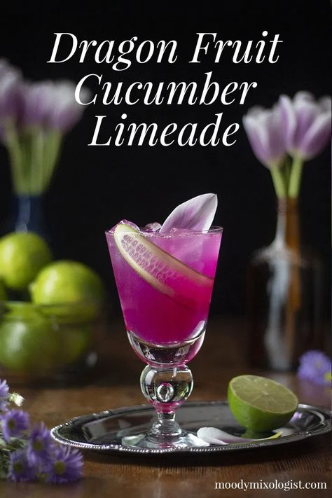 Dragon Fruit Cucumber Limeade - Moody Mixologist Dragon Themed Drinks, Dragonfruit Cocktail Recipe, Dragon Fruit Drinks, Dragonfruit Cocktail, Dragon Fruit Cocktail, Dnd Drinks, Cucumber Limeade, Limeade Cocktail, Moody Mixologist