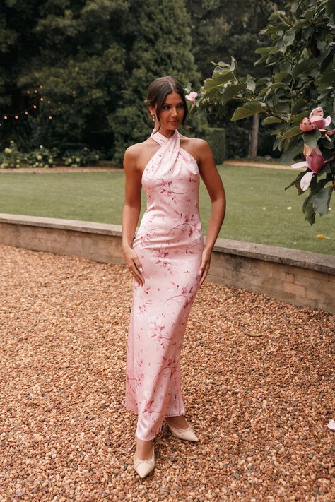 Mila Halterneck Maxi Dress - Pink Floral Affordable Summer Cocktail Maxi Dress, Luxury Pink Halter Dress For Spring, Elegant Spring Halter Dress, Luxury Spring Maxi Dress For Bridesmaid, Halterneck Bridesmaid Dresses Pink, Summer Bridesmaid Dresses Rehearsal Dinner, Affordable Sleeveless Maxi Dress For Bridesmaids, Luxury Chic Halter Dress For Garden Party, Floral Bidesmaid Mismathc Dresses