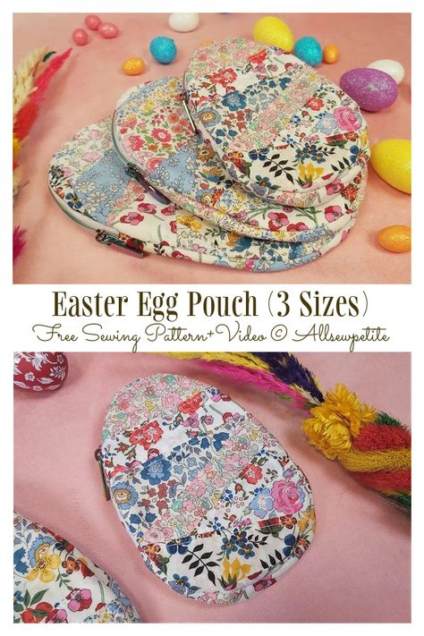 Fabric Easter Egg Pouch Free Sewing Pattern + Video | Fabric Art DIY Fabric Art Diy, Sew Tutorials, Sanitary Products, Easter Egg Pattern, Pouch Sewing, Sewing To Sell, Easter Items, Free Sewing Pattern, Pouch Pattern