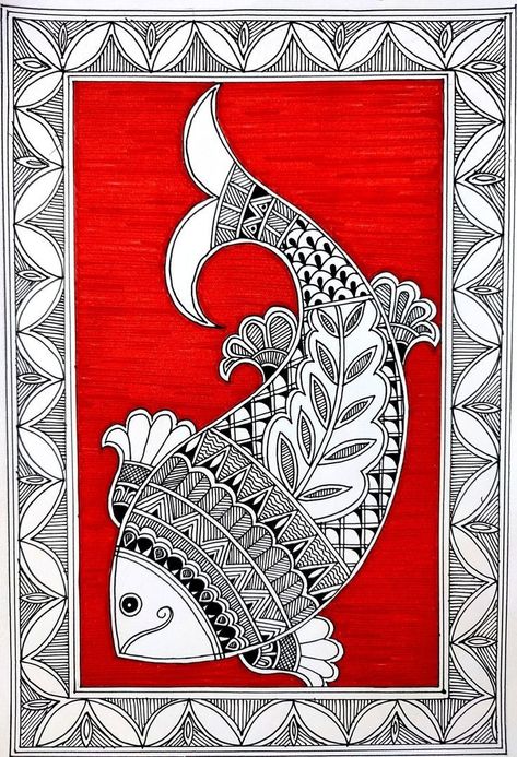 Madhubani Art Fish Design, Kalamkari Art Easy, Madhubani Art Krishna, Kalamkari Painting Easy, Kalamkari Drawing, Madhubani Art Easy, Madhubani Fish, Motif Drawing, Water Clock