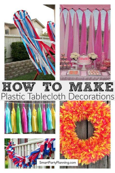 These 12 easy plastic tablecloth decorations will make decorating for parties a breeze. With all the items easily purchased from dollar stores, they are not only effective and easy to make, but really cheap too.  Whether you want to make a photo booth backdrop, streamers or simply jazz up table runners, all the party ideas are here for you. Party decoration could not be easier. Tablecloth Birthday Decorations, Garland Out Of Plastic Tablecloth, Tablecloth Decorations For Party, Table Cloth Door Decorations, Streamer Table Decorations, Carnival Tent Diy Plastic Tablecloth, Plastic Tablecloth Curtains Diy, Using Plastic Tablecloths To Decorate, Securing Plastic Tablecloths