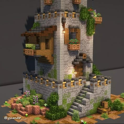 Minecraft Castle Walls Towers, Minecraft Medieval Tower Ideas, Minecraft Foundation Ideas, Minecraft Tower Staircase, Towers Minecraft Ideas, Small Minecraft Castle Blueprints, Stone Building Minecraft, Minecraft Spawn House, Minecraft Survival Base Interior