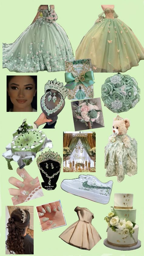 Quinceanera Dresses Light Green, Sage Green And Gold Quinceanera Theme, Tinker Bell Quinceanera Theme, Mint Green Quince, Sage Quinceanera Theme, Quince Sage Green, Quinceanera Colors, Sage Green Quince Dress, Sage Green Sweet 16