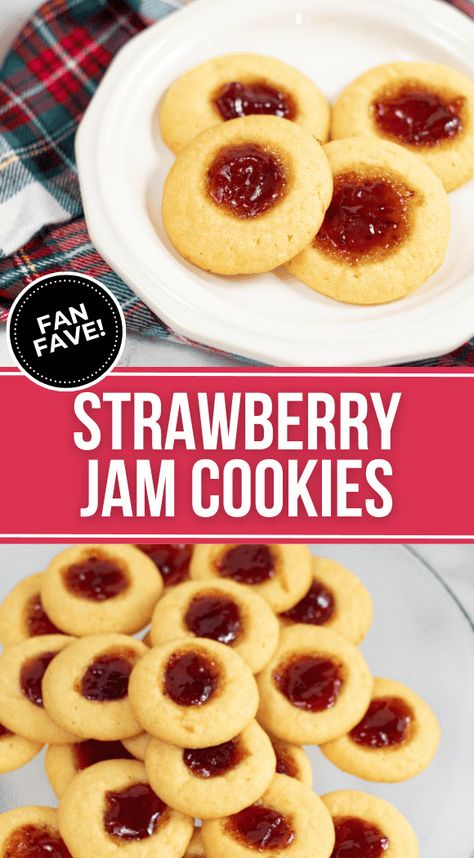 These adorable Strawberry Jam Cookies, or thumbprint cookies, are perfect with tea or as an after-dinner dessert. A fluffy shortbread cookie with delicious strawberry jam in the center, they're both incredibly easy to make and fun to eat. Raspberry Dessert Recipes, Strawberry Jam Cookies, Cookie Dough Oatmeal, Recipes With Chocolate Chips, Cookies St Patricks Day, Best Thumbprint Cookies, Easy Shortbread Cookies, St Patricks Day Cookies, Cookies With Jam