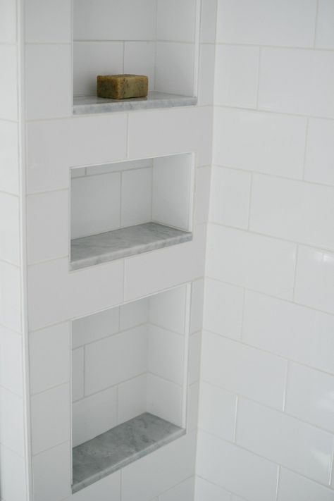 Framed Shower Niche, Schluter Tile Edge Shower Niche, Shower Niche Schluter Edge, Bullnose Tile Trim Shower Niche, Shower Niche With Bullnose Trim, Shower Niche Schluter, Shower Niche With Marble Shelf, 3 Niche In Shower Wall, White Schluter Tile Edge Showers